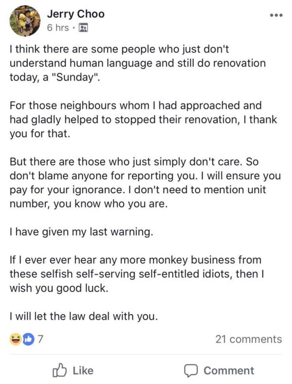 Resident in new BTO pissed off neighbours still do reno works on a Sunday